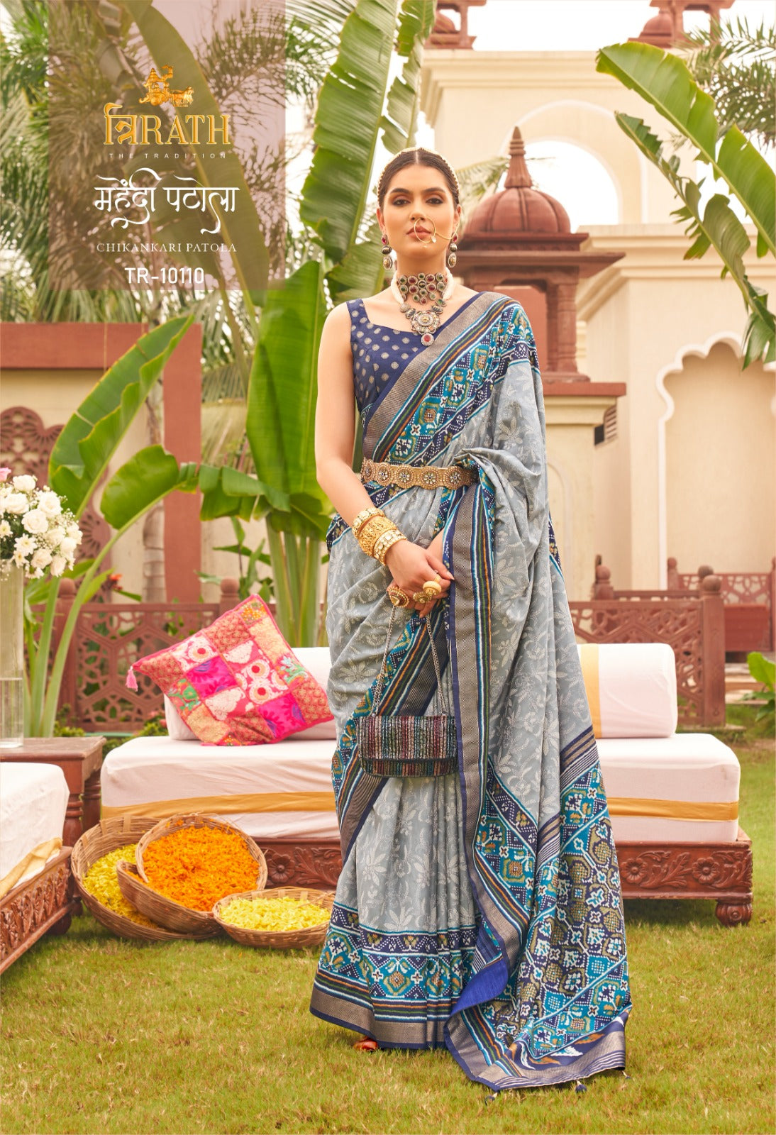 10110 Mehendi Patola Trirath Sarees