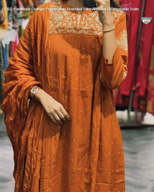 1302 Pankhudi Orange Purple Non-Branded Stkri Anarkali Readymade Suits