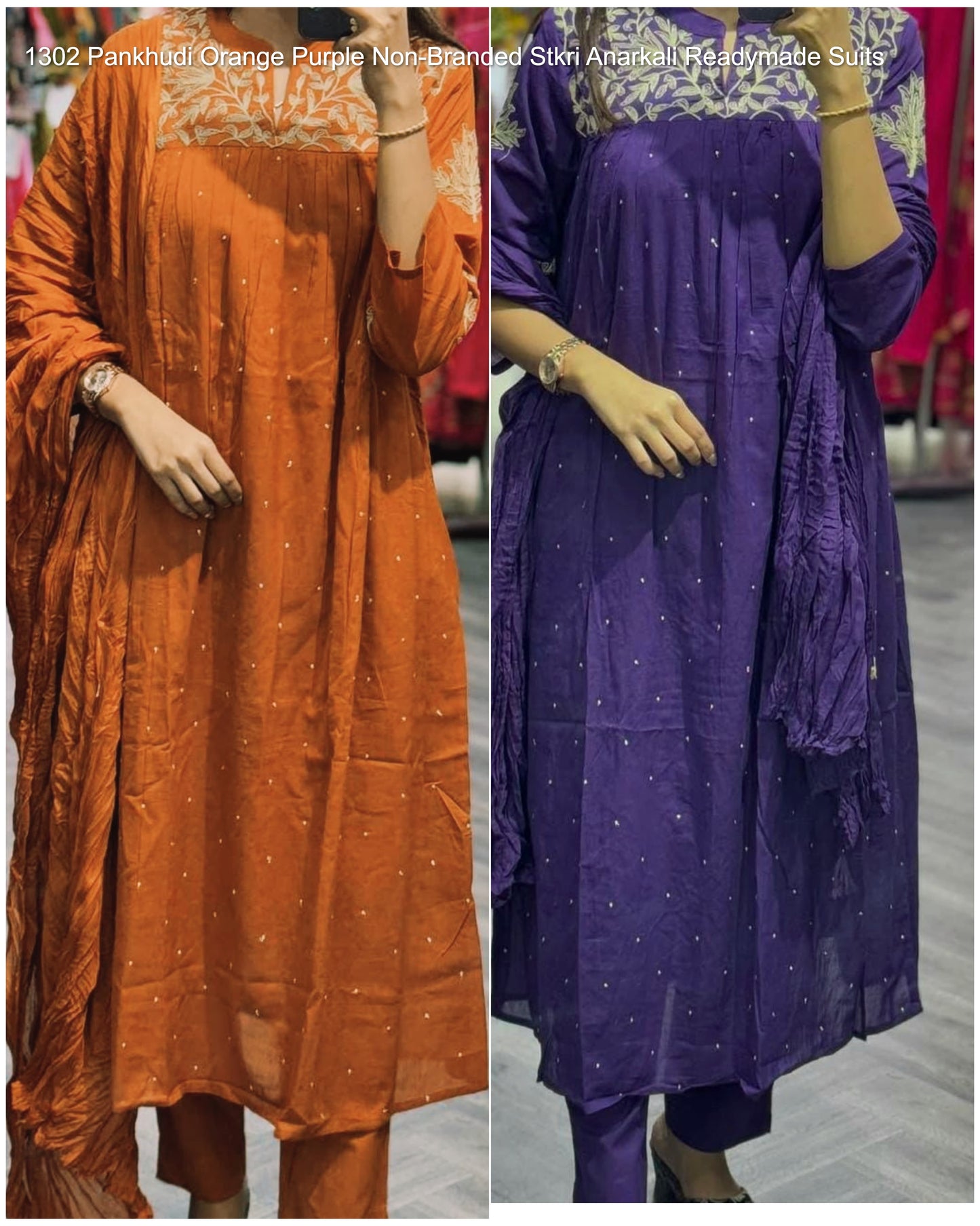 1302 Pankhudi Orange Purple Non-Branded Stkri Anarkali Readymade Suits