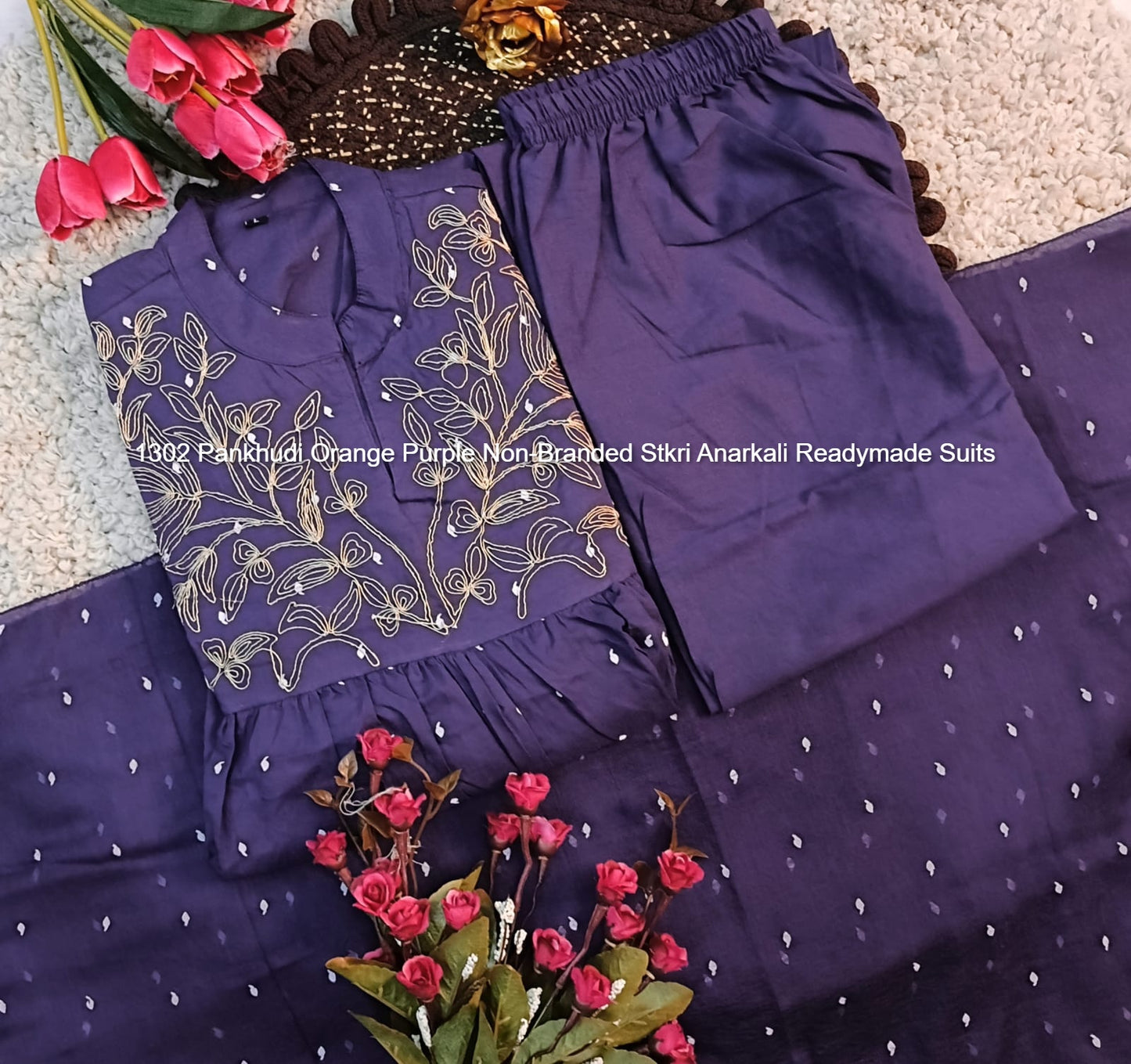 1302 Pankhudi Orange Purple Non-Branded Stkri Anarkali Readymade Suits