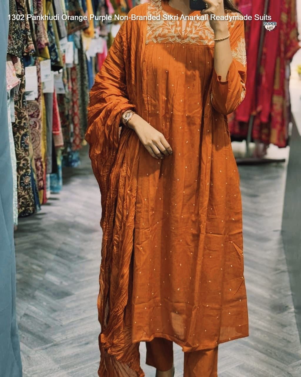 1302 Pankhudi Orange Purple Non-Branded Stkri Anarkali Readymade Suits