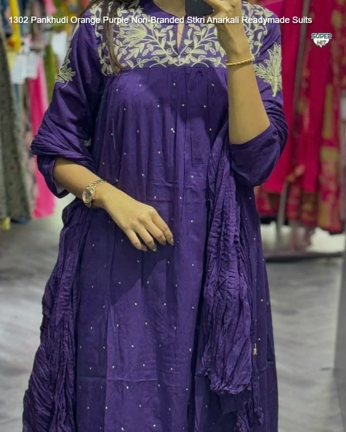 1302 Pankhudi Orange Purple Non-Branded Stkri Anarkali Readymade Suits
