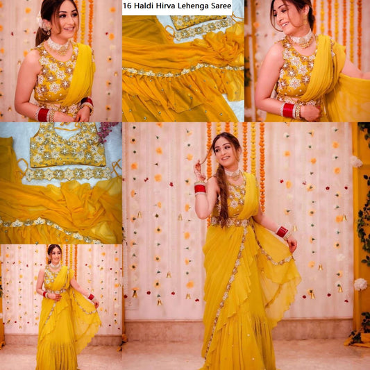 16 Haldi Hirva Lehenga Saree