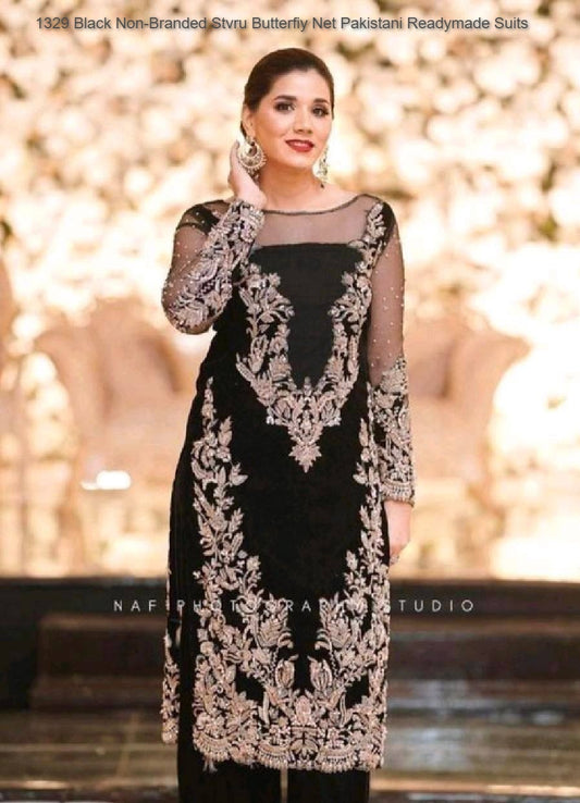 1329 Black Non-Branded Stvru Butterfiy Net Pakistani Readymade Suits