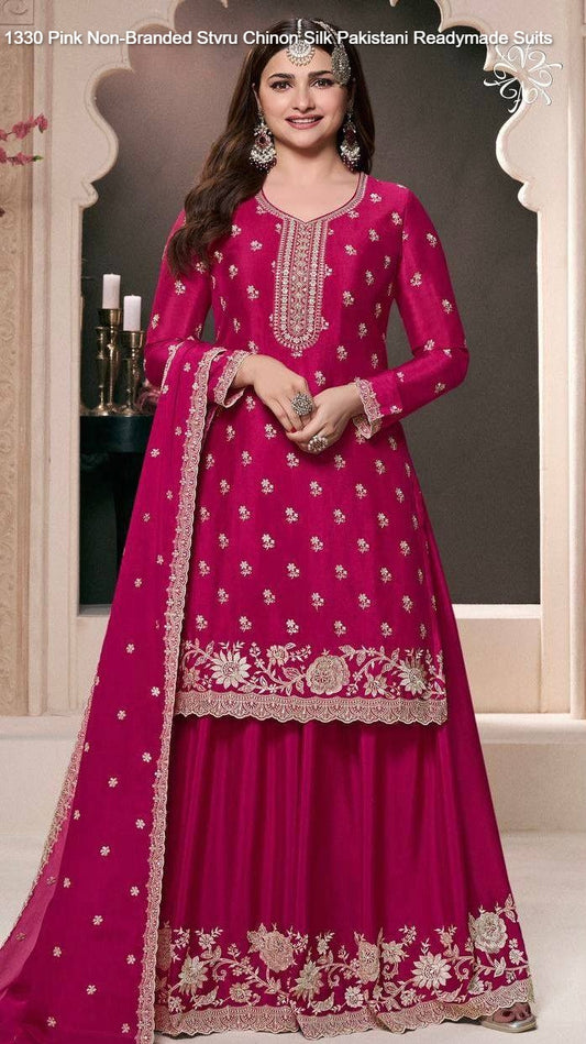 1330 Pink Non-Branded Stvru Chinon Silk Pakistani Readymade Suits