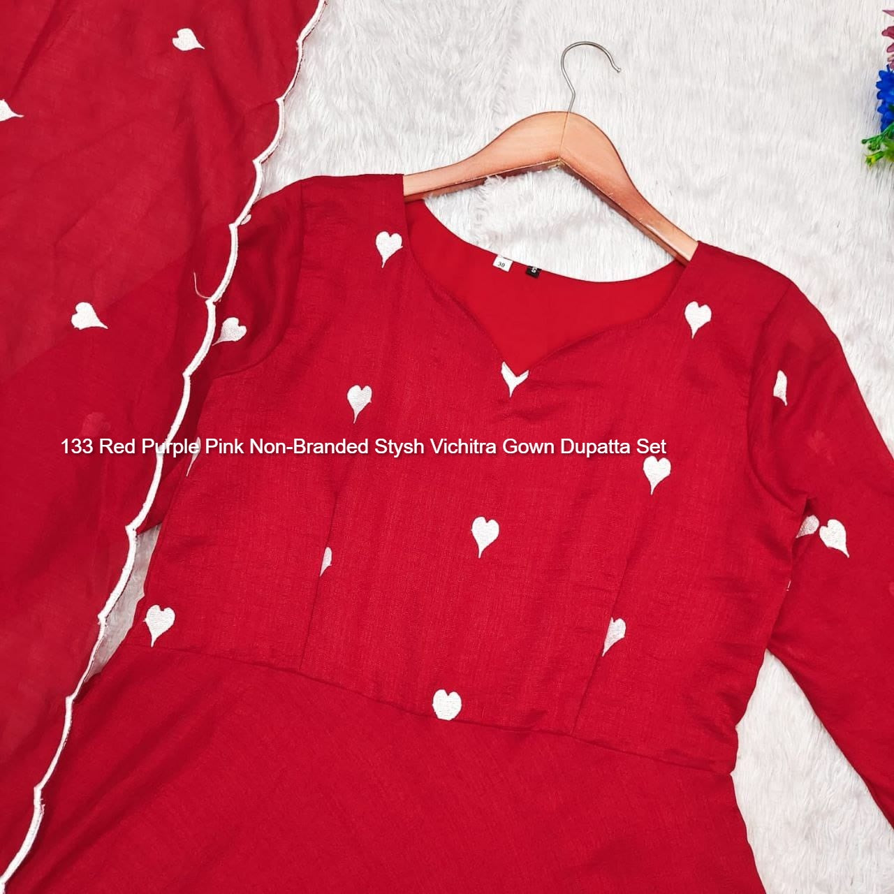 133 Red Purple Pink Non-Branded Stysh Vichitra Gown Dupatta Set