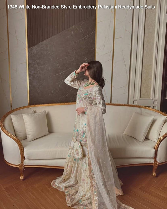 1348 White Non-Branded Stvru Embroidery Pakistani Readymade Suits