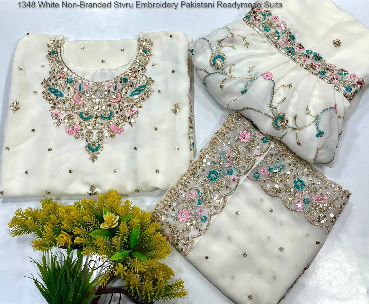 1348 White Non-Branded Stvru Embroidery Pakistani Readymade Suits