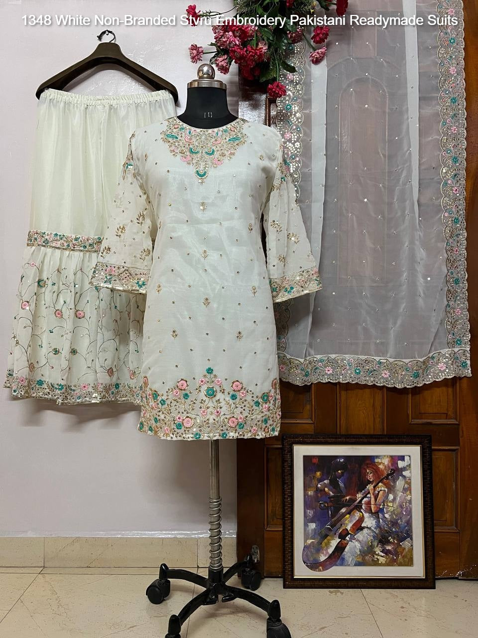 1348 White Non-Branded Stvru Embroidery Pakistani Readymade Suits