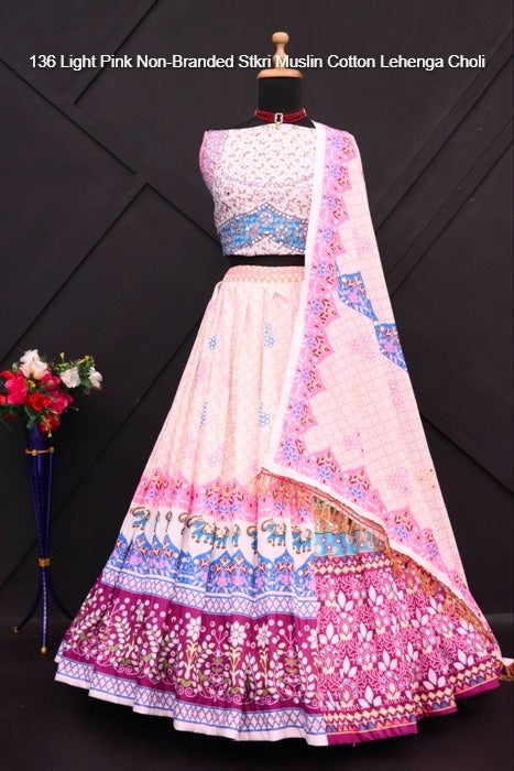 136 Light Pink Non-Branded Stkri Muslin Cotton Lehenga Choli