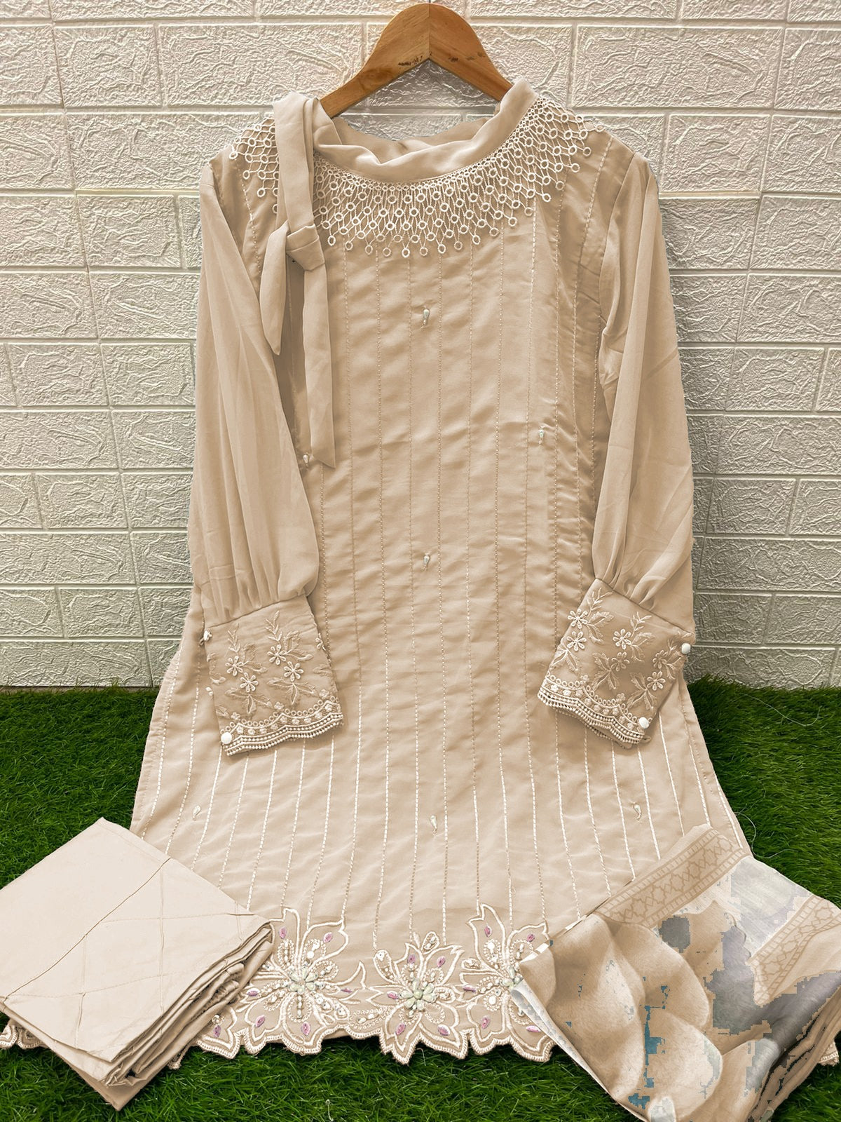 1370 Cream Laxuria Trendz Hand Work Pakistani Readymade Suits