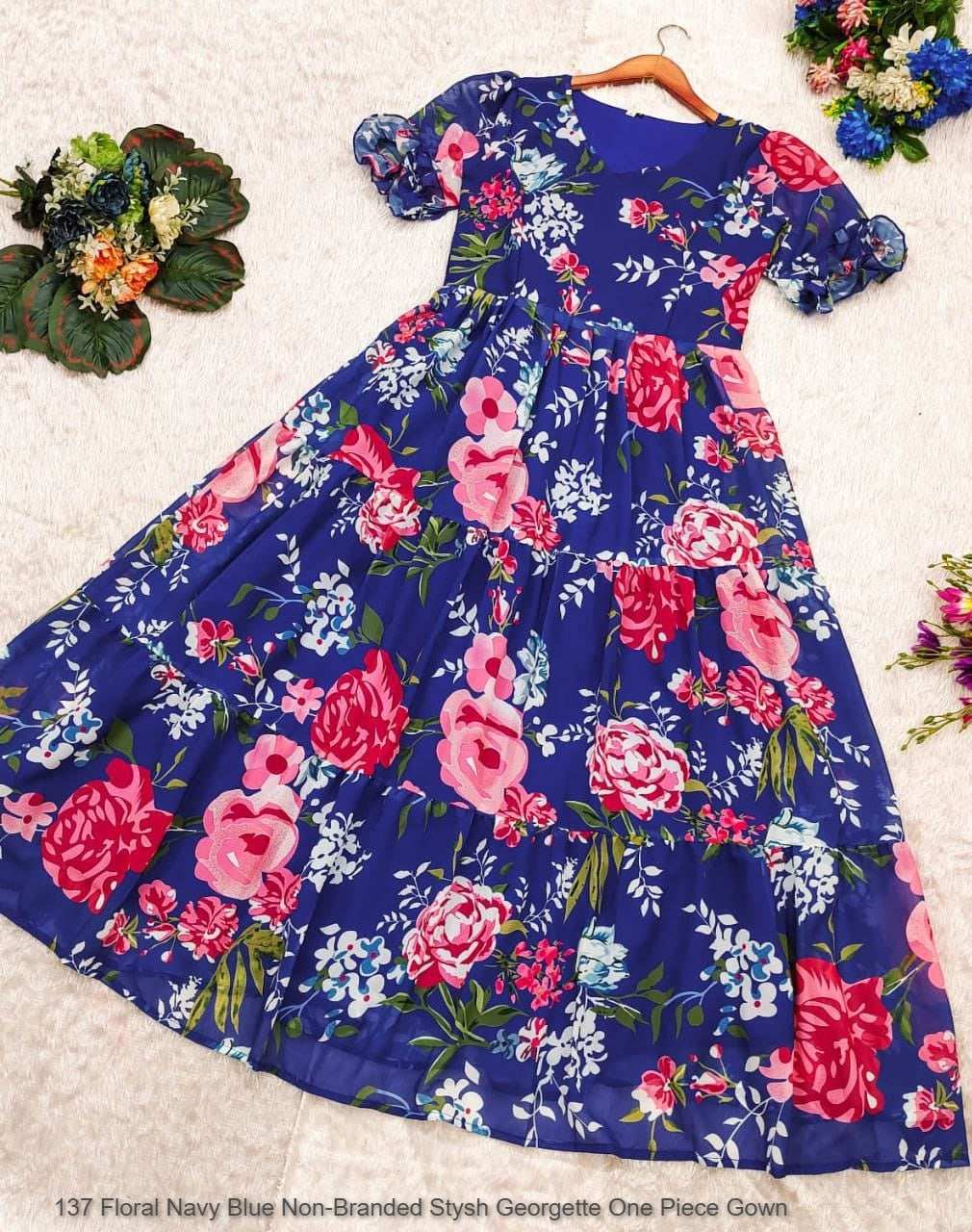 137 Floral Navy Blue Non-Branded Stysh Georgette One Piece Gown