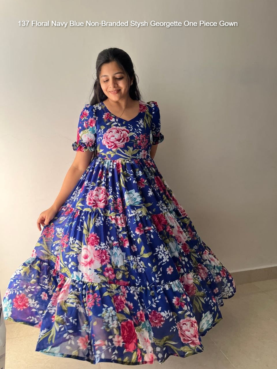 137 Floral Navy Blue Non-Branded Stysh Georgette One Piece Gown