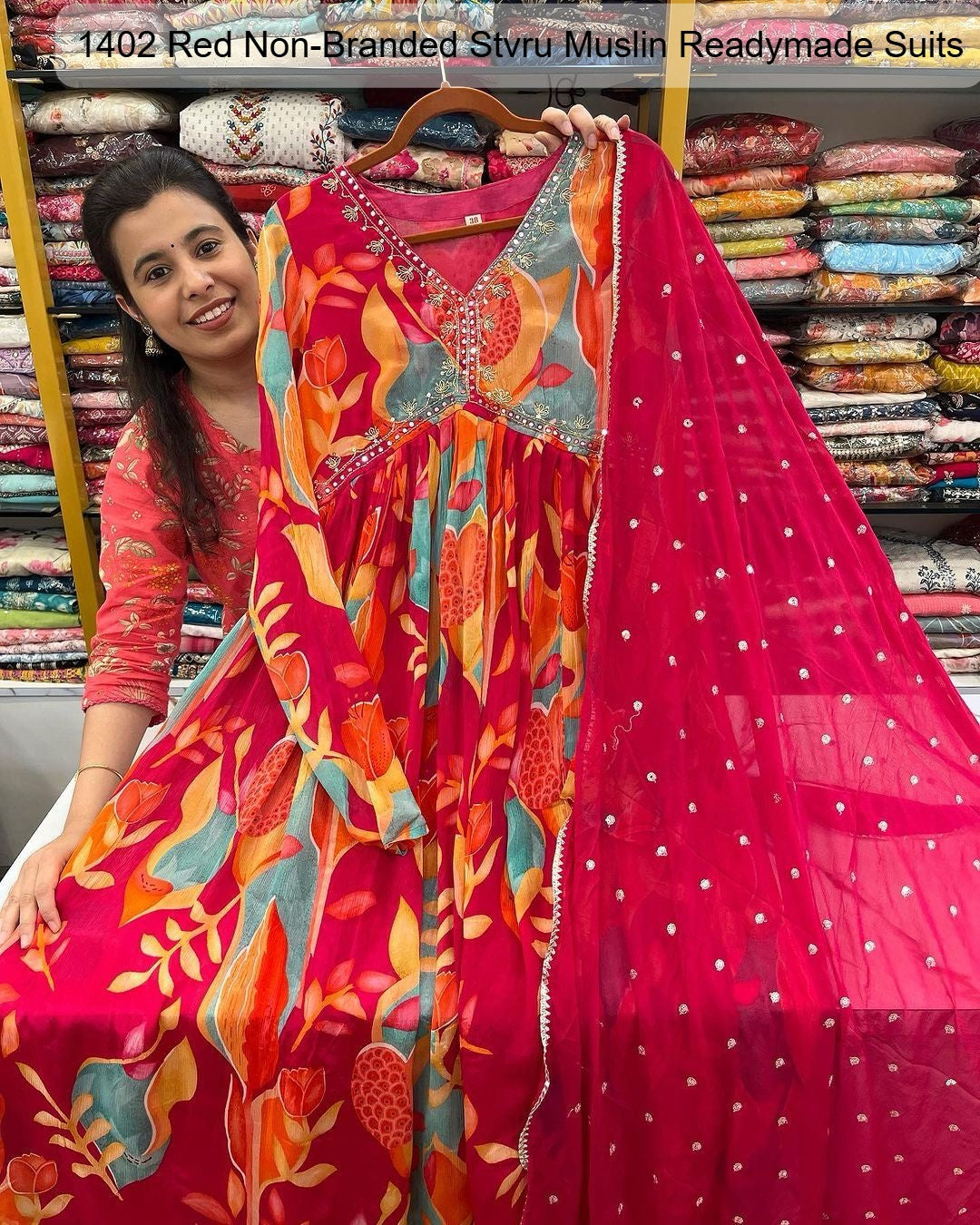 1402 Red Non-Branded Stvru Muslin Readymade Suits