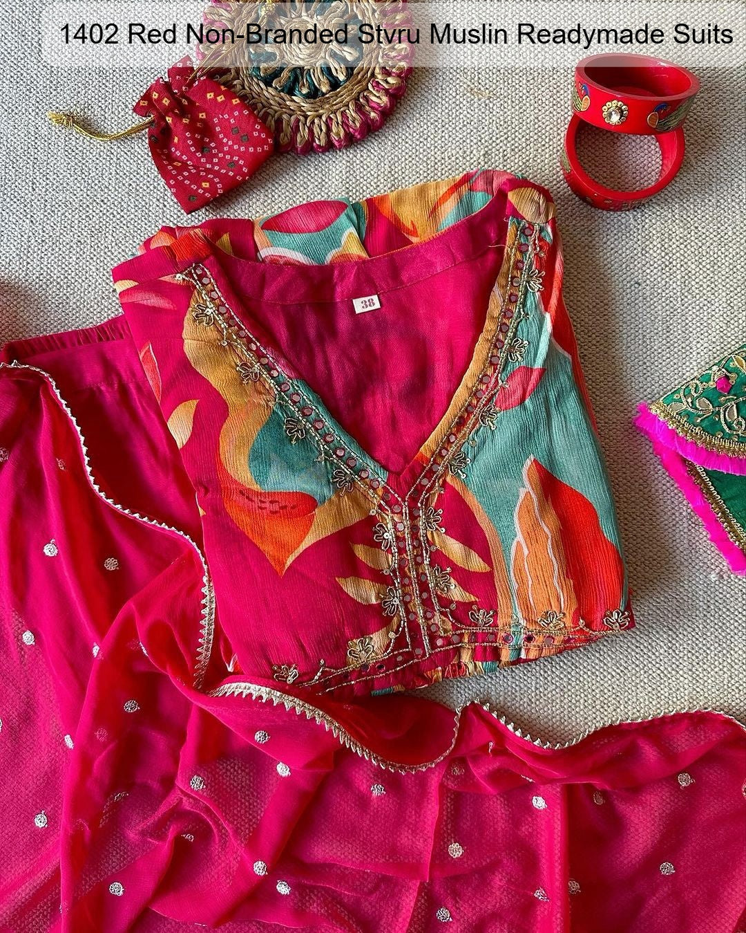 1402 Red Non-Branded Stvru Muslin Readymade Suits
