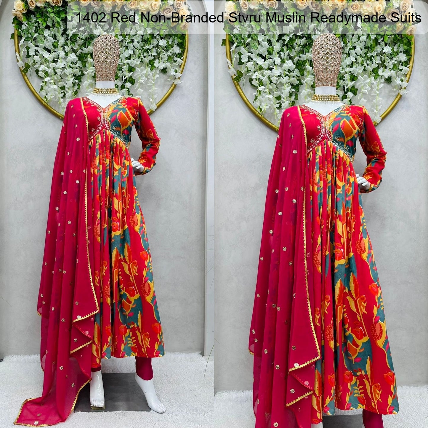 1402 Red Non-Branded Stvru Muslin Readymade Suits