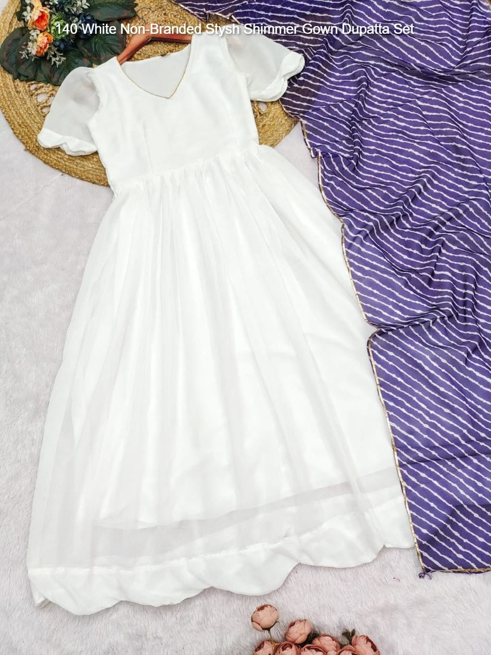 140 White Non-Branded Stysh Shimmer Gown Dupatta Set
