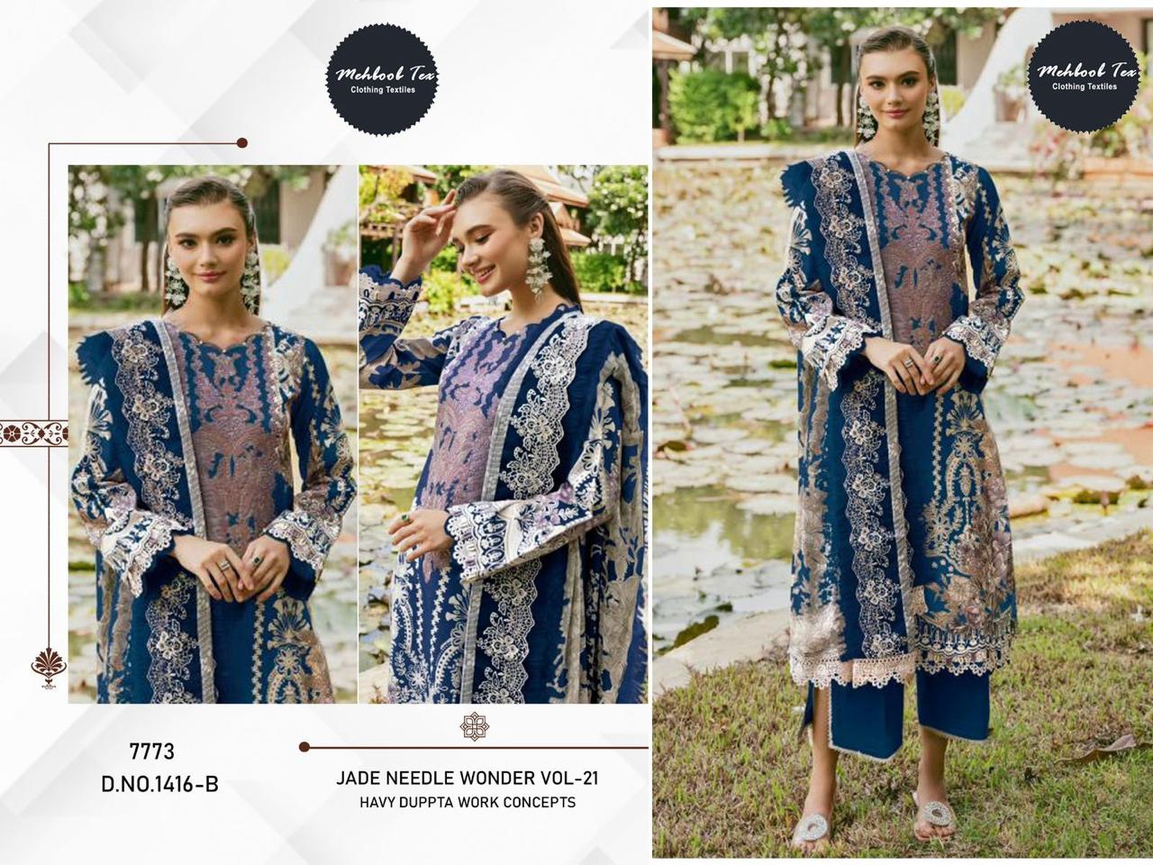 1416-B Jade Needle Wonder Vol 21 Mehboob Tex Cotton Pakistani Patch Suits