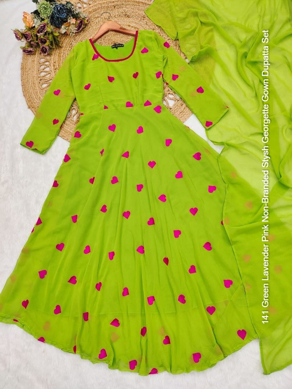 141 Green Lavender Pink Non-Branded Stysh Georgette Gown Dupatta Set
