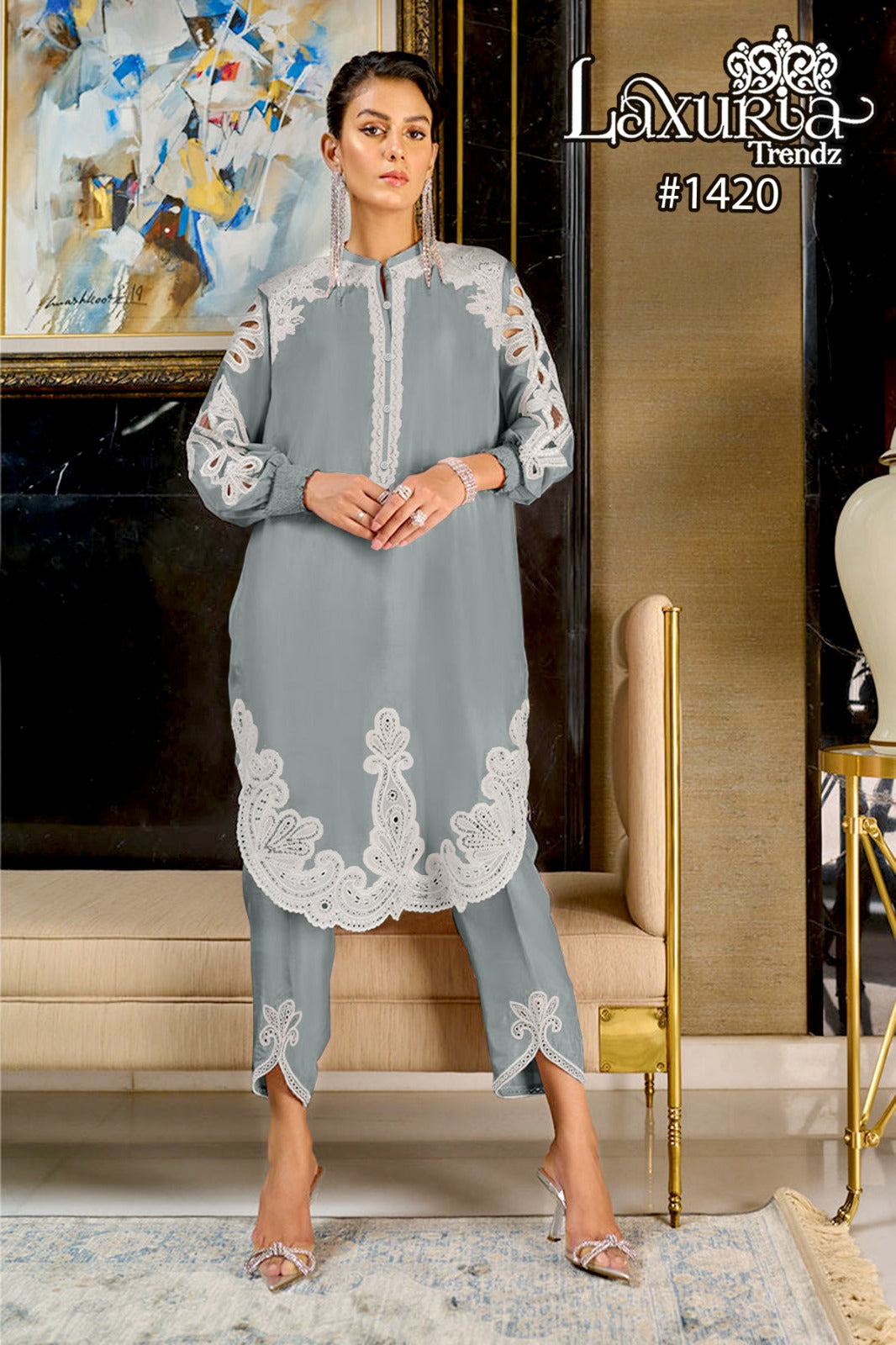 1420 Grey Laxuria Trendz Embroidery Co Ord Set