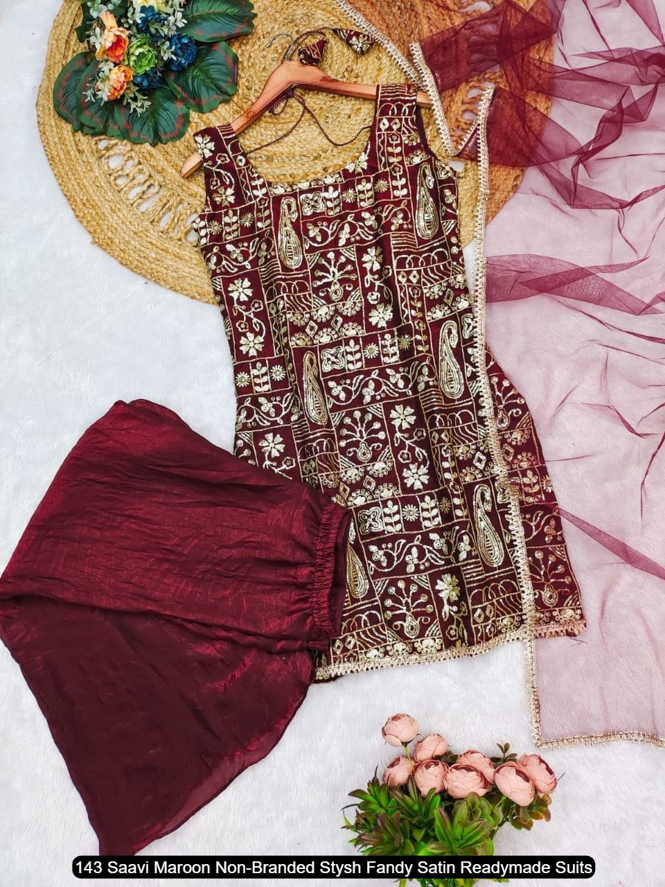 143 Saavi Maroon Non-Branded Stysh Fandy Satin Readymade Suits