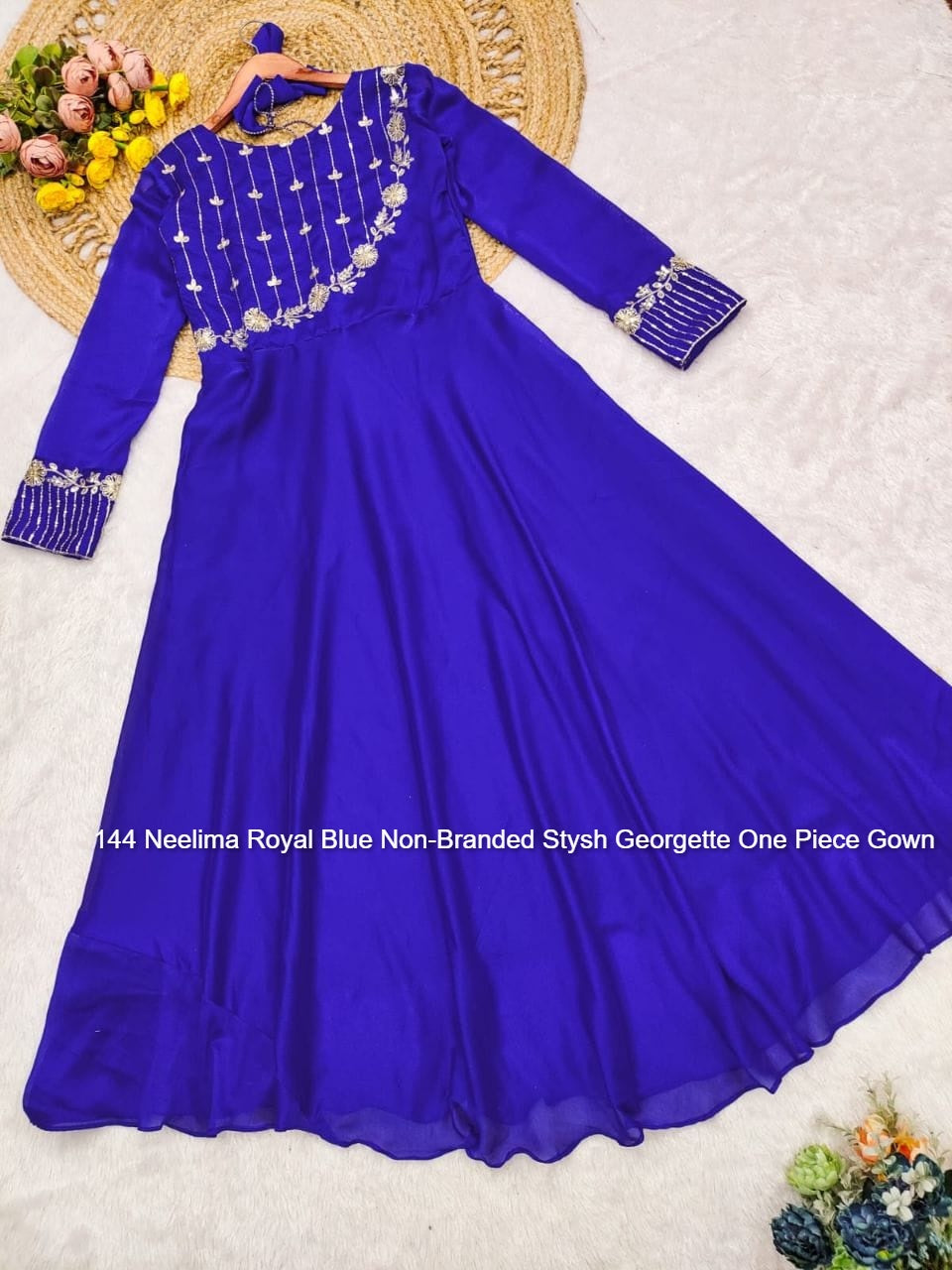 144 Neelima Royal Blue Non-Branded Stysh Georgette One Piece Gown