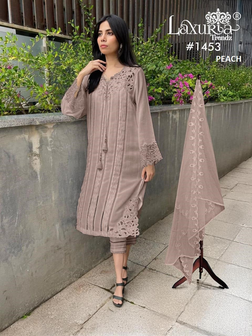 1453 Peach Laxuria Trendz Cut Work Pakistani Readymade Suits