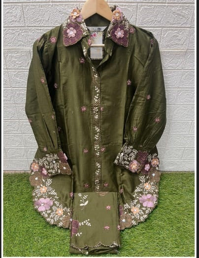 1458 Mehndi Laxuria Trendz Embroidery Co Ord Set