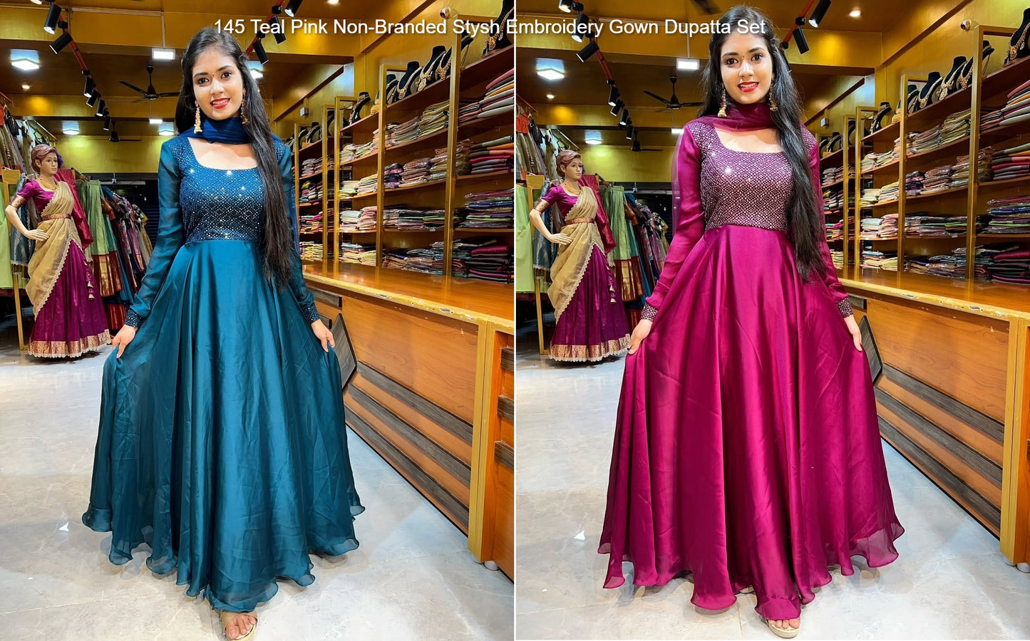 145 Teal Pink Non-Branded Stysh Embroidery Gown Dupatta Set