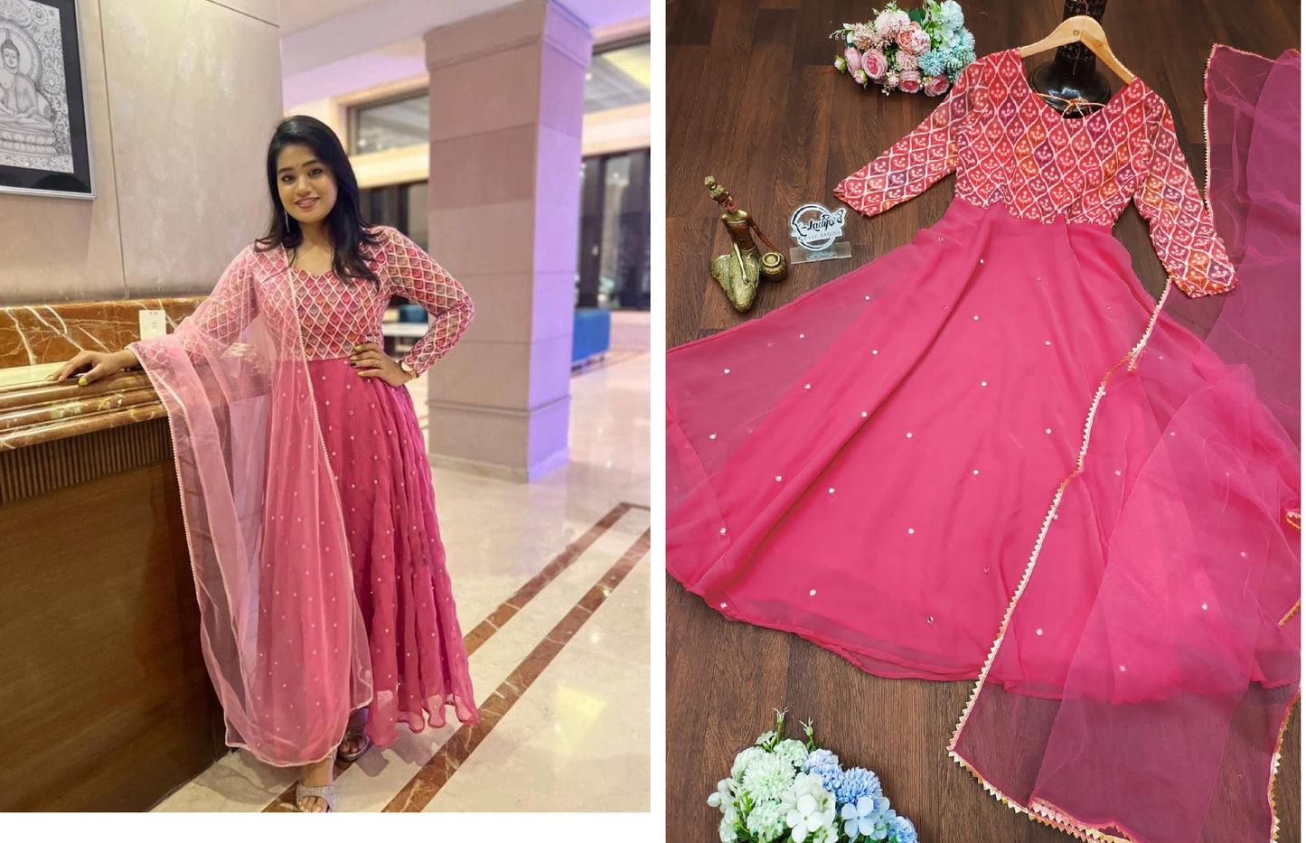 Pink Mirror Qubo Gown Dupatta Set