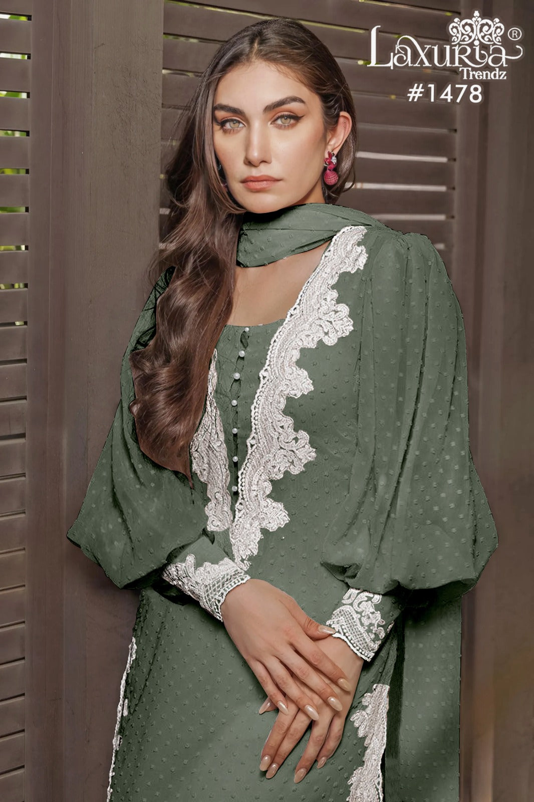 1478 Mehendi Laxuria Trendz Marbel Chiffon Pakistani Readymade Suits