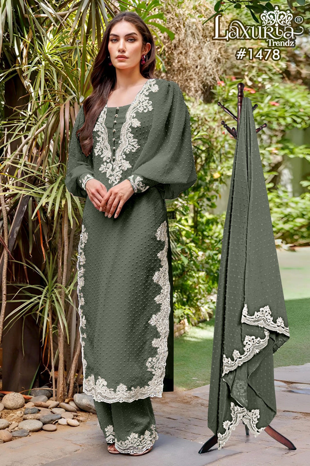 1478 Mehendi Laxuria Trendz Marbel Chiffon Pakistani Readymade Suits
