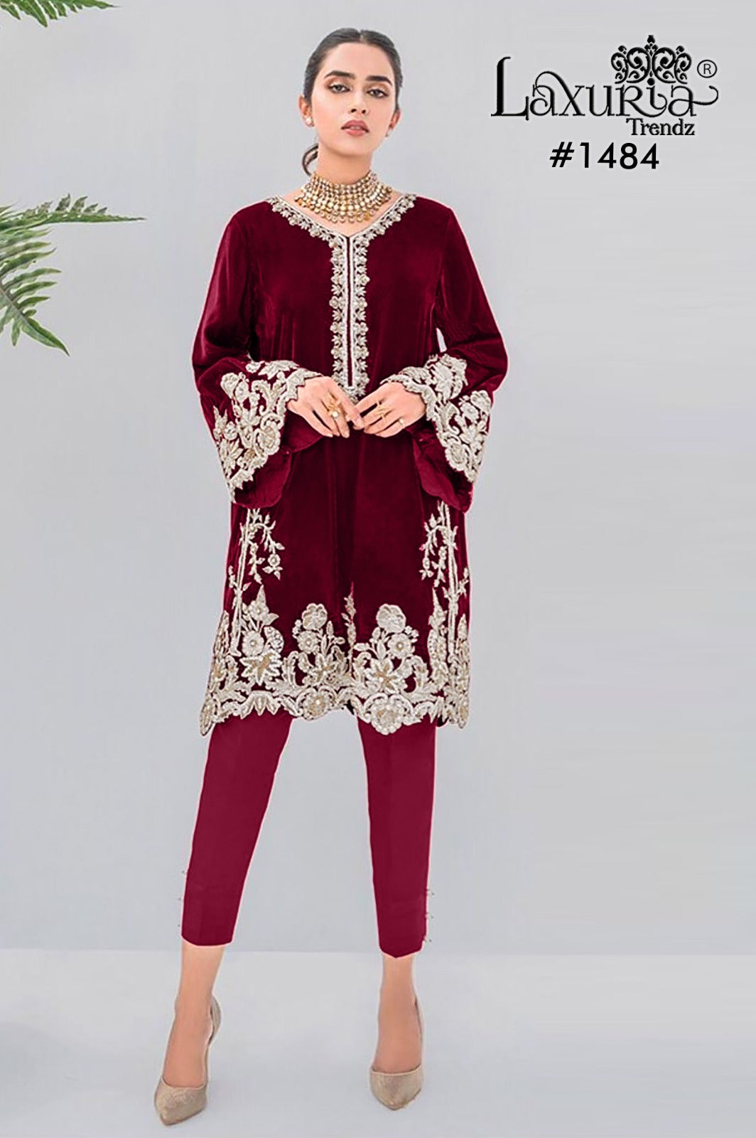 1484 Maroon Laxuria Trendz Velvet Co Ord Set