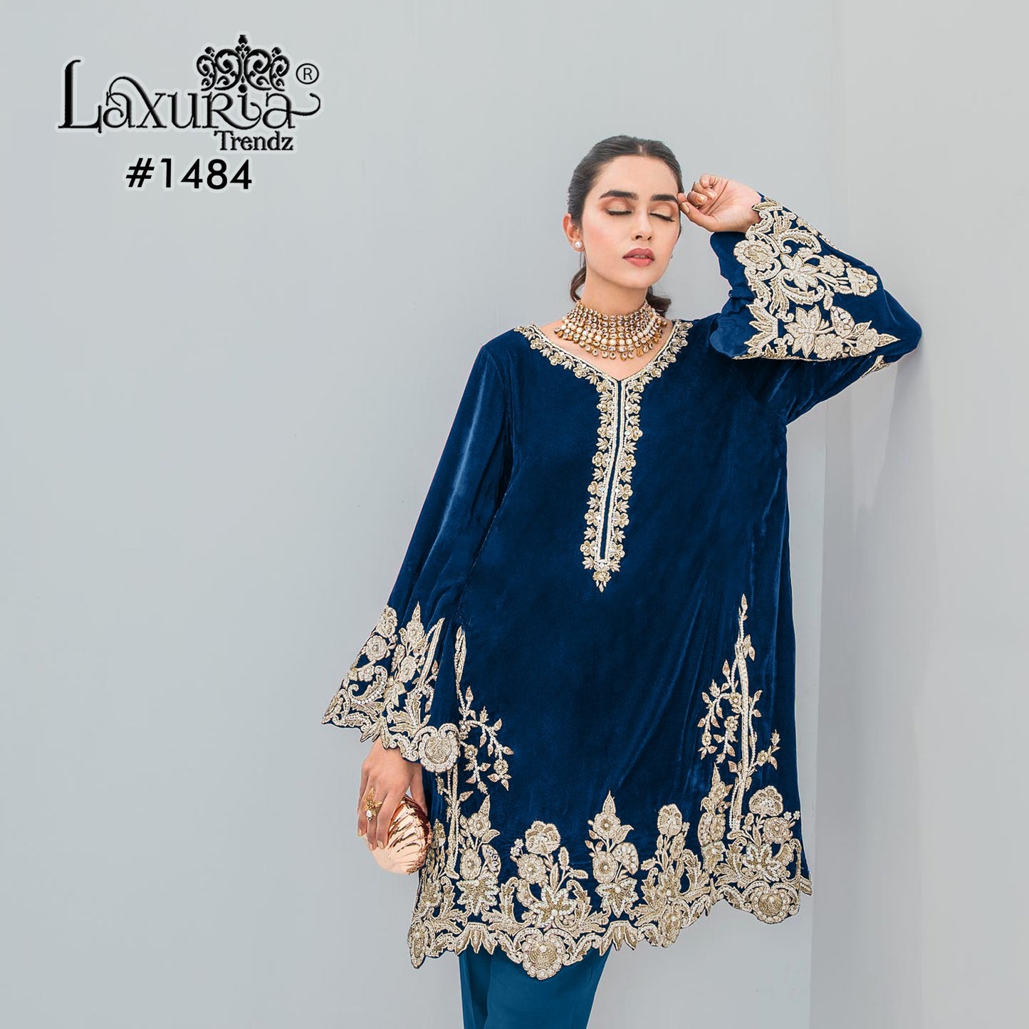 1484 Navy Blue Laxuria Trendz Velvet Co Ord Set