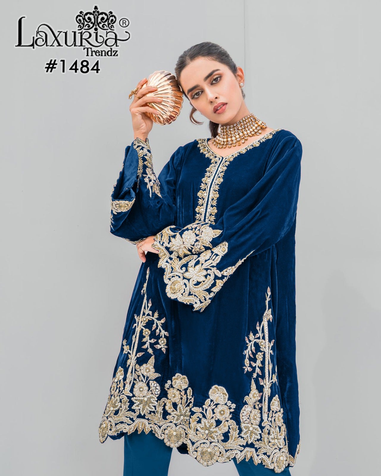1484 Navy Blue Laxuria Trendz Velvet Co Ord Set