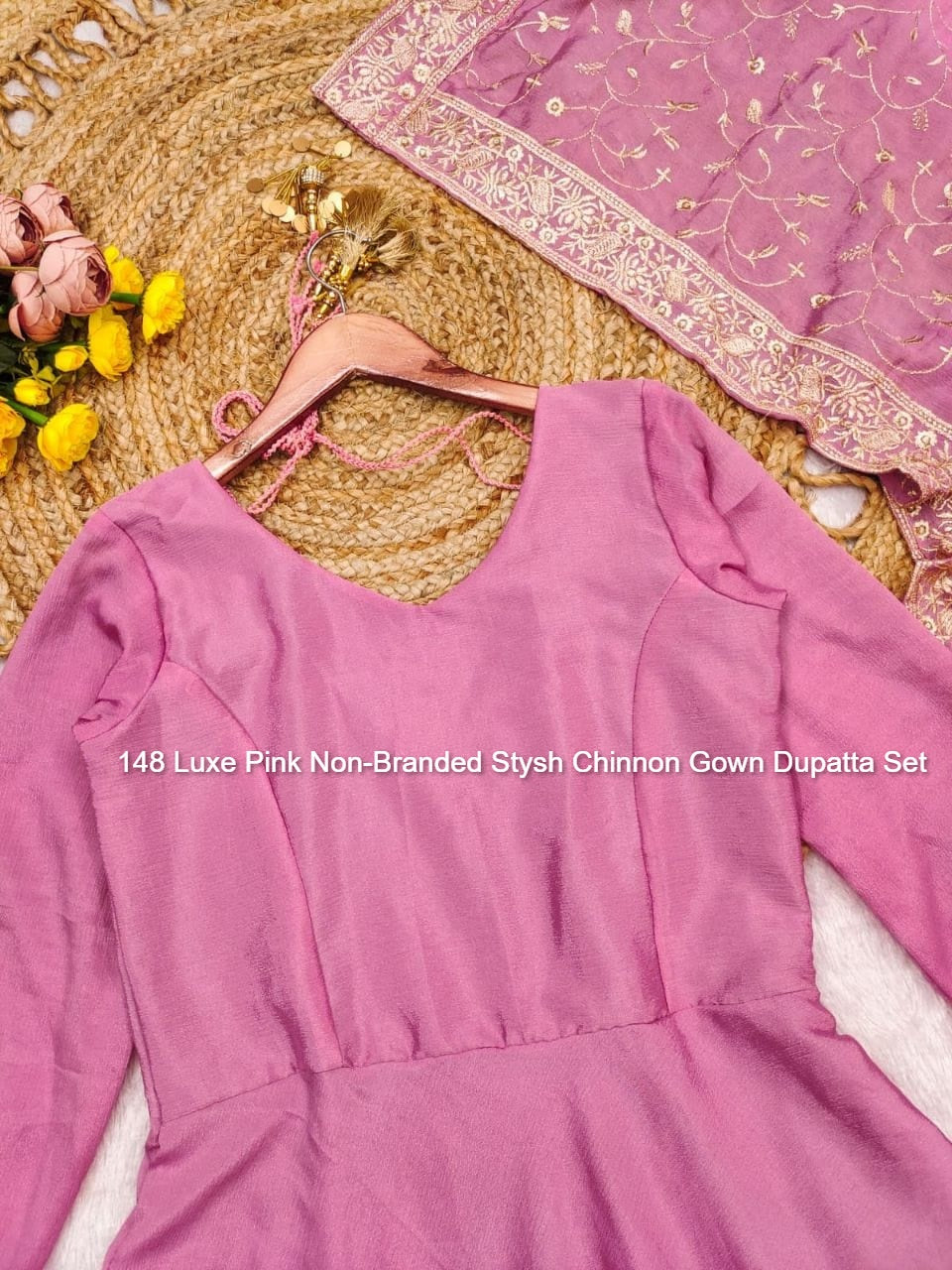 148 Luxe Pink Non-Branded Stysh Chinnon Gown Dupatta Set