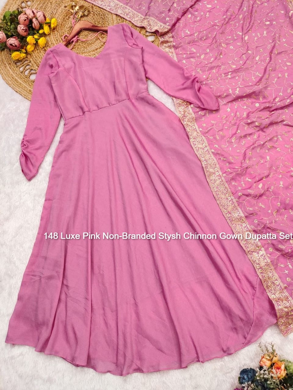 148 Luxe Pink Non-Branded Stysh Chinnon Gown Dupatta Set