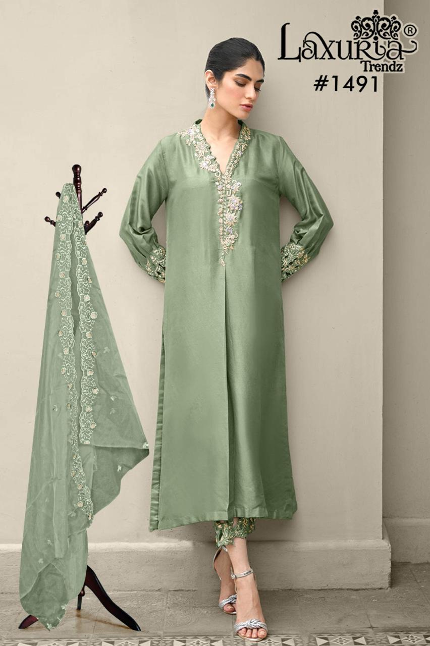 1491 Dusty Green Laxuria Trendz Satin Pakistani Readymade Suits