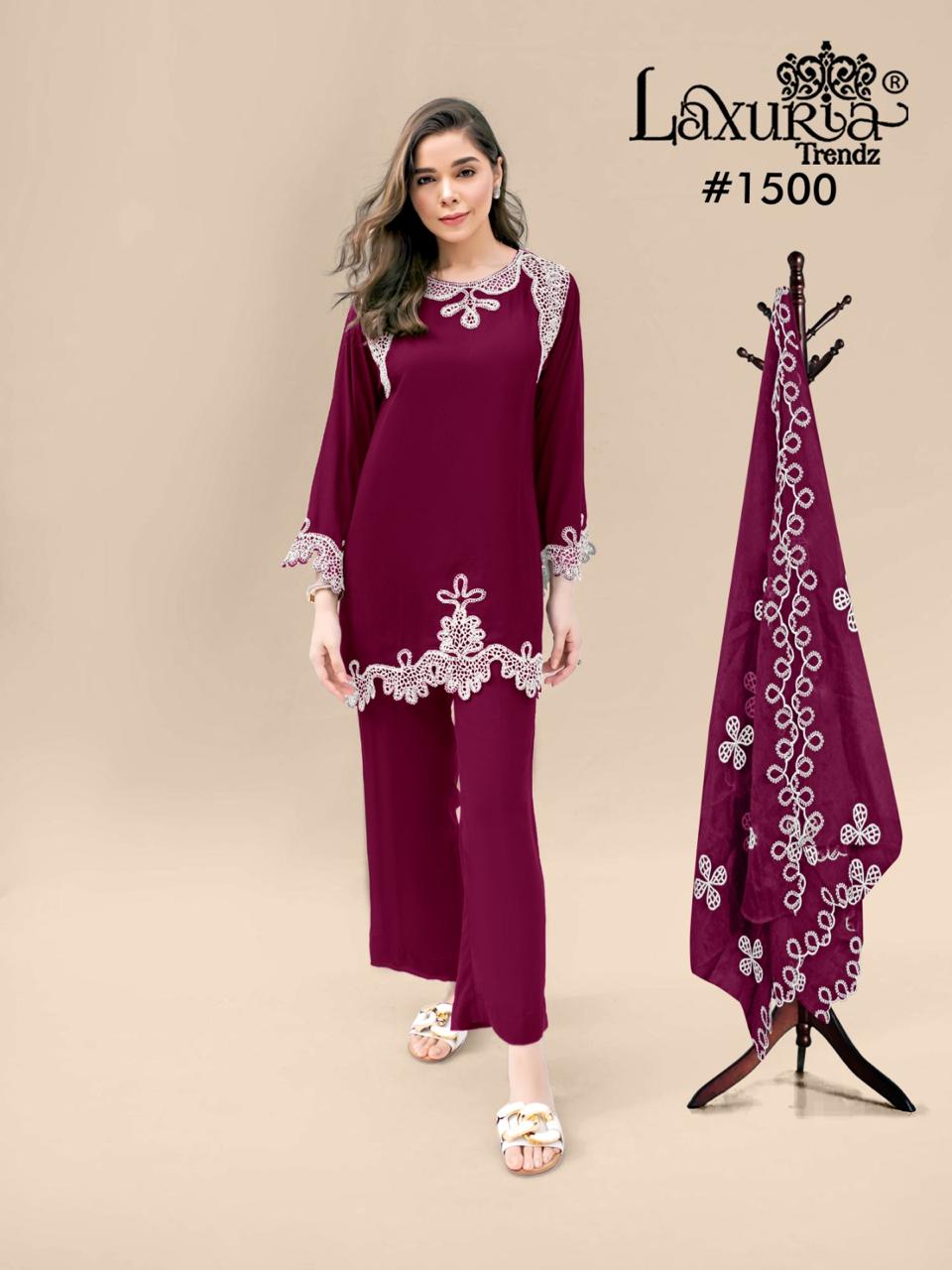 1500 Wine Laxuria Trendz Vichitra Silk Pakistani Readymade Suits