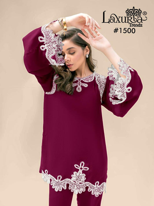 1500 Wine Laxuria Trendz Vichitra Silk Pakistani Readymade Suits