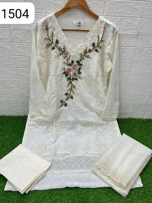 1504 Off White Laxuria Trendz Fox Georgette Pakistani Readymade Suits
