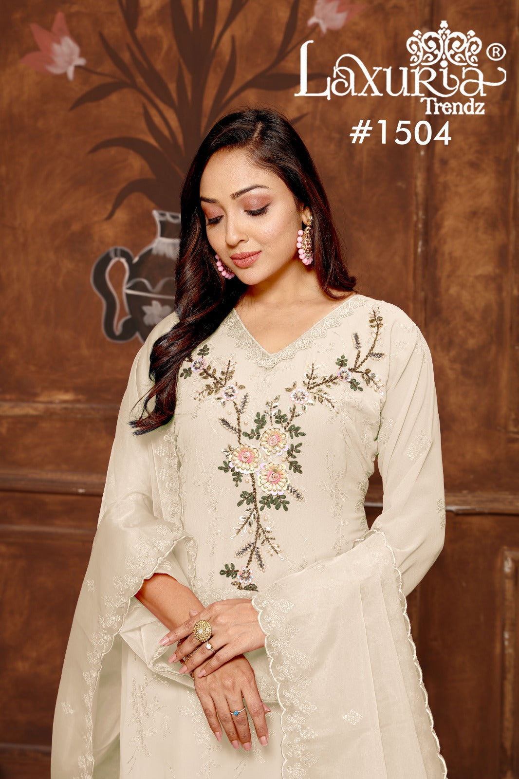 1504 Off White Laxuria Trendz Fox Georgette Pakistani Readymade Suits