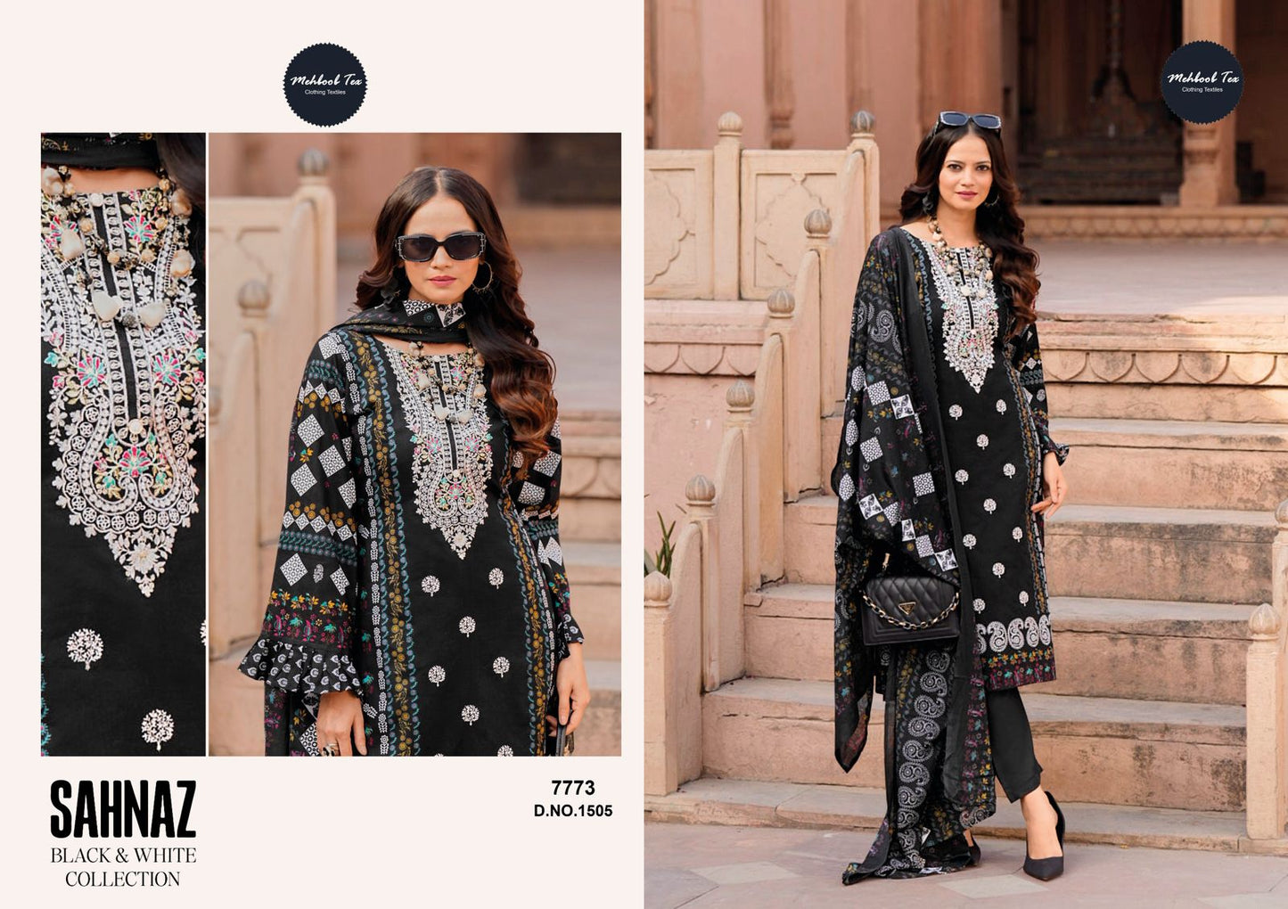 1505 Sahnaz Black And White Collection Mehboob Tex Embroidery Pakistani Salwar Suits