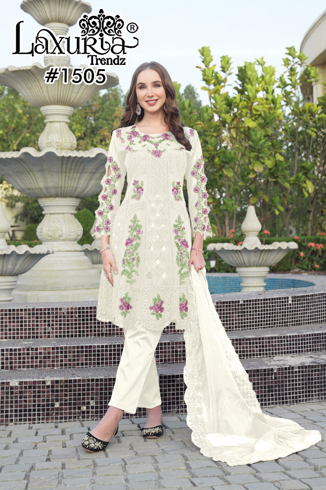 1505 White Laxuria Trendz Georgette Pakistani Readymade Suits