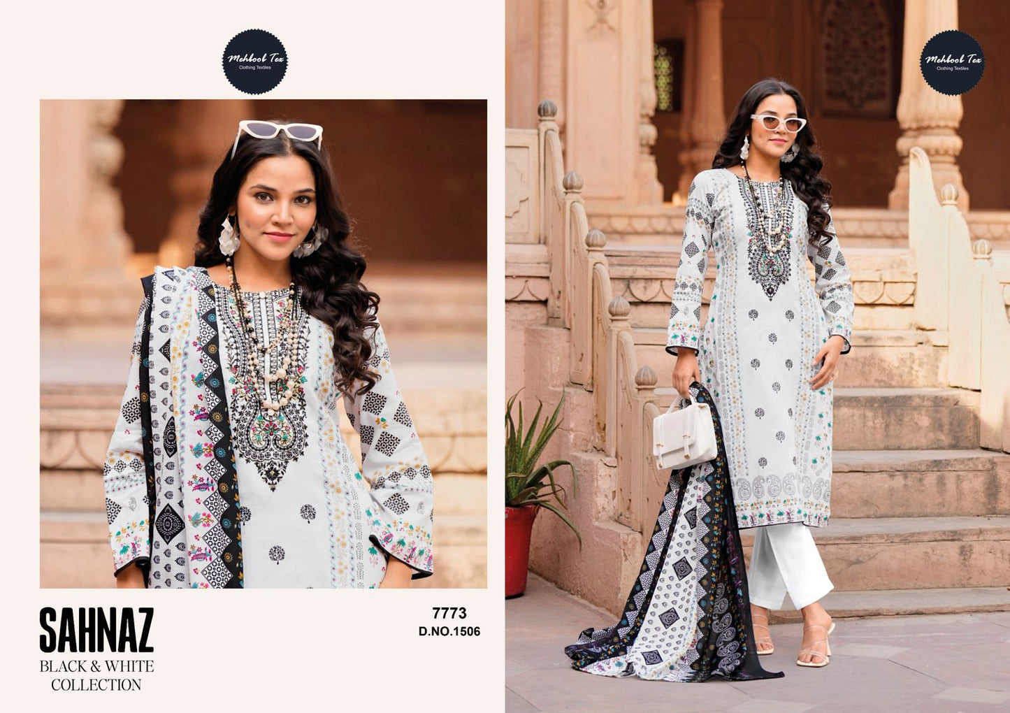 1506 Sahnaz Black And White Collection Mehboob Tex Embroidery Pakistani Salwar Suits