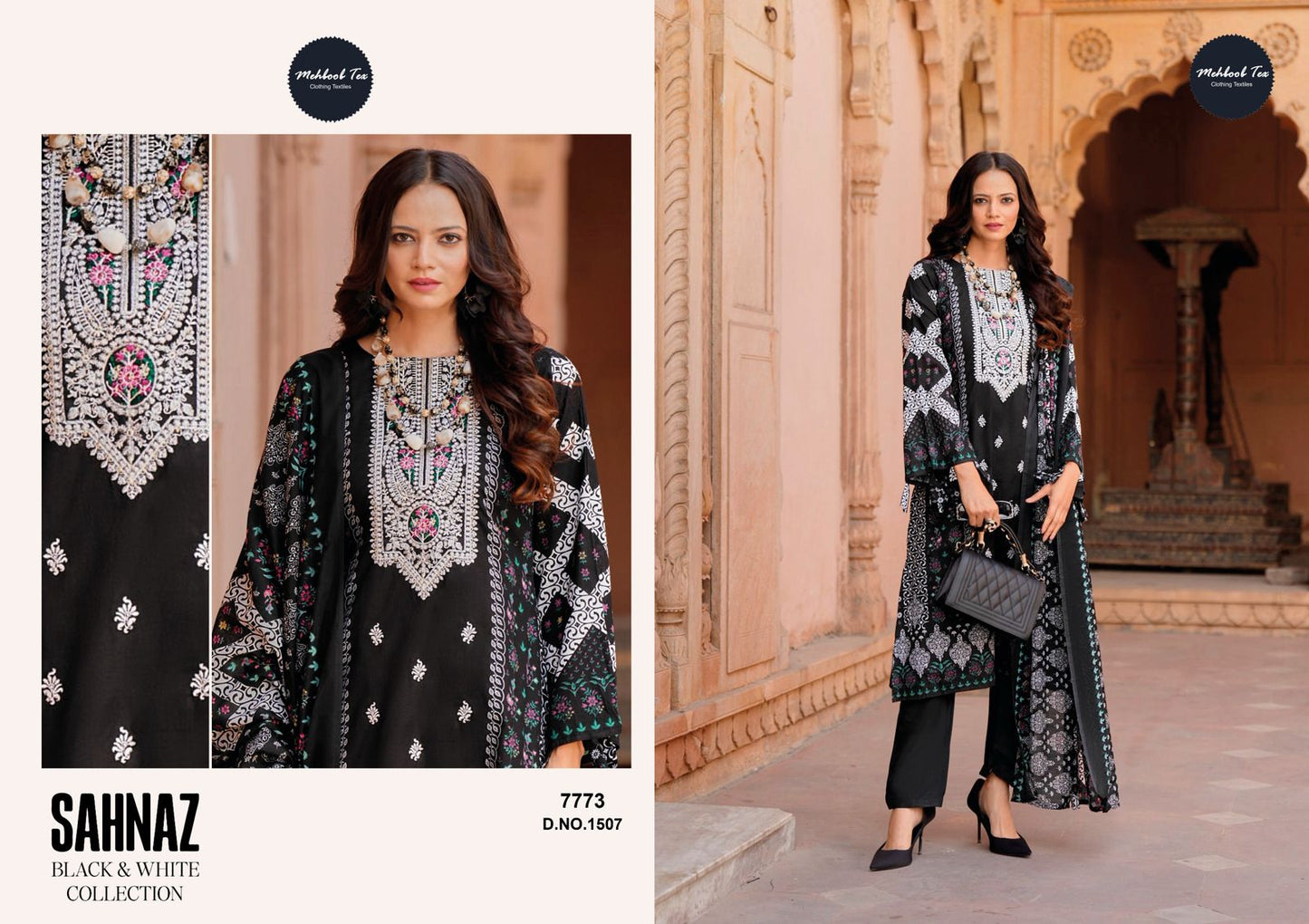 1507 Sahnaz Black And White Collection Mehboob Tex Embroidery Pakistani Salwar Suits