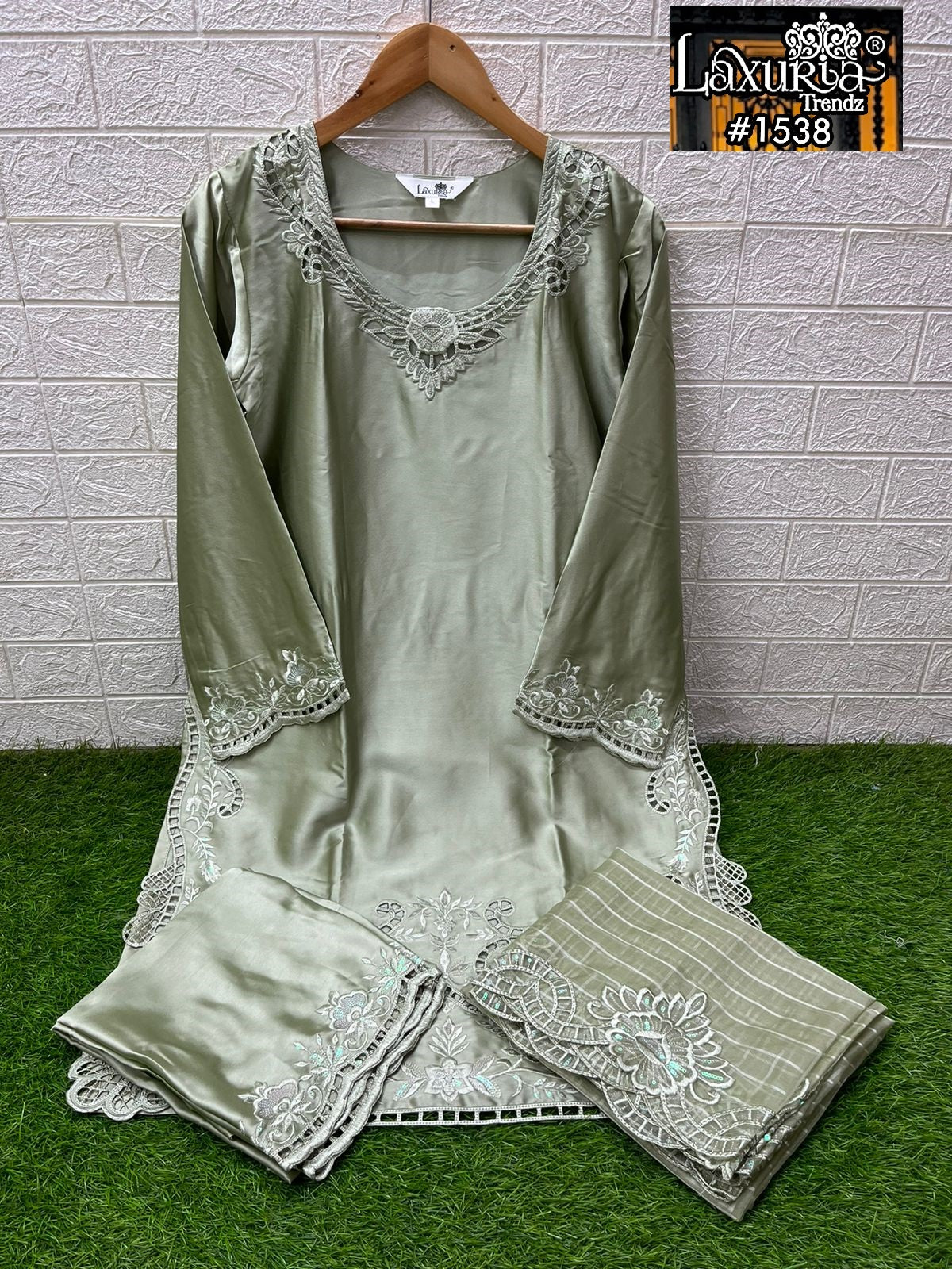 1538 Pista Green Laxuria Trendz Satin Pakistani Readymade Suits