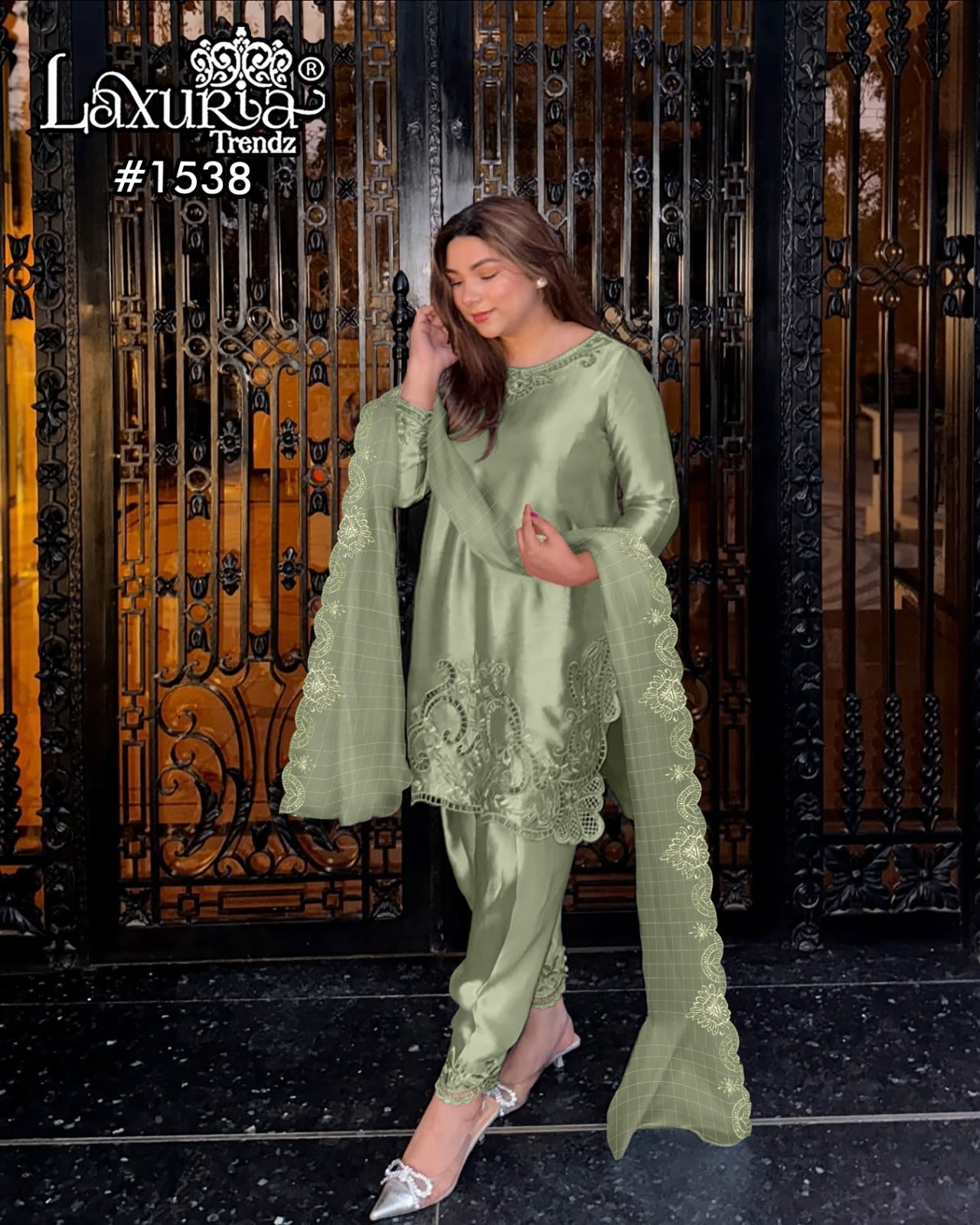 1538 Pista Green Laxuria Trendz Satin Pakistani Readymade Suits