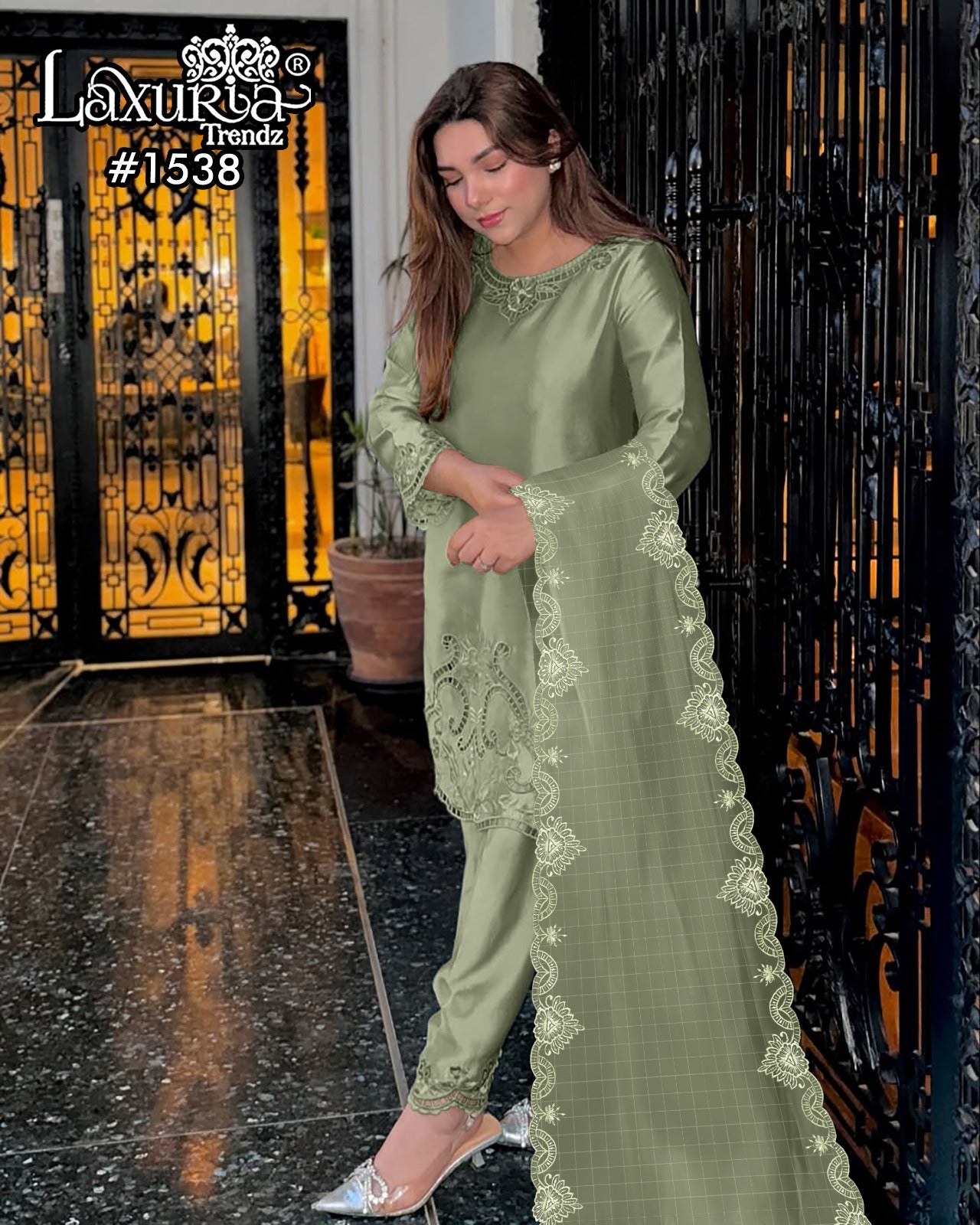 1538 Pista Green Laxuria Trendz Satin Pakistani Readymade Suits