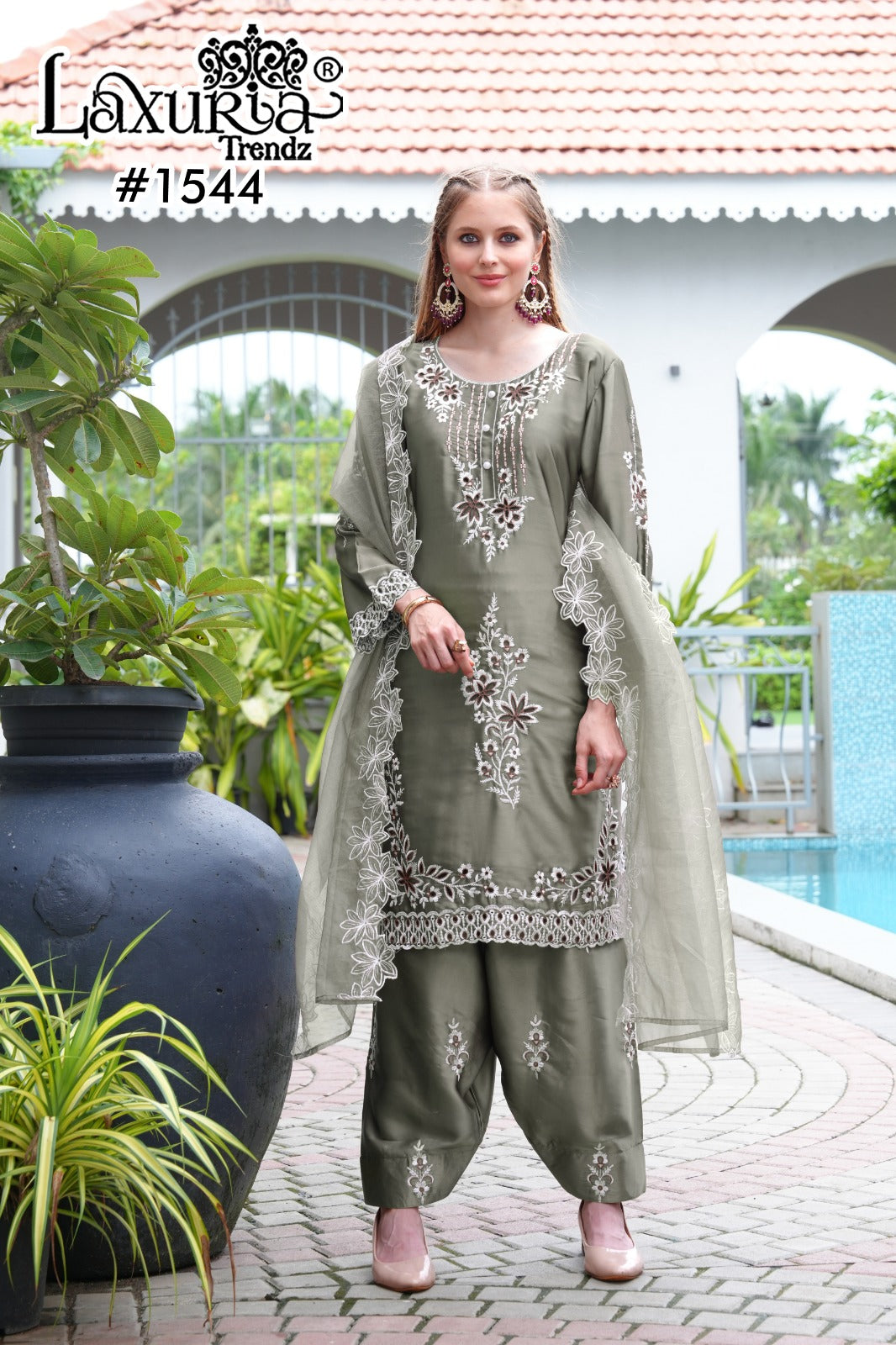 1544 Sage Green Laxuria Trendz Satin Pakistani Readymade Suits